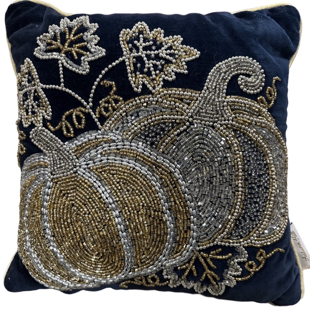 Autumn Hill fall themed decorative pillow. Pumpkins beads velvet navy blue gold